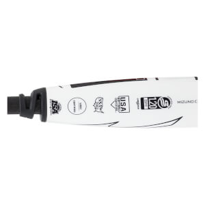 Close-up side view of a white fastpitch softball bat showing multiple certification stamps and MIZUNO C text.