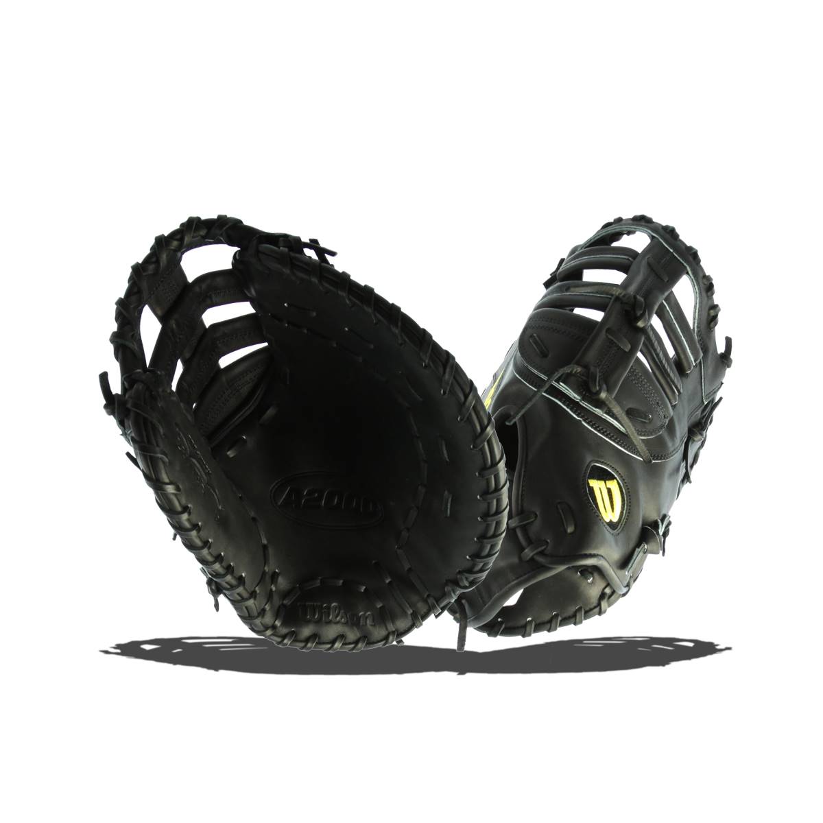 Two-thirds view of a black Wilson A2000 first base mitt with yellow stitching and a W logo.