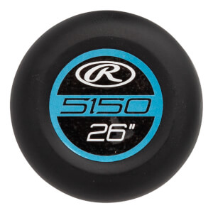 End cap view of a black baseball bat with Rawlings logo, 5150, and 26 markings.