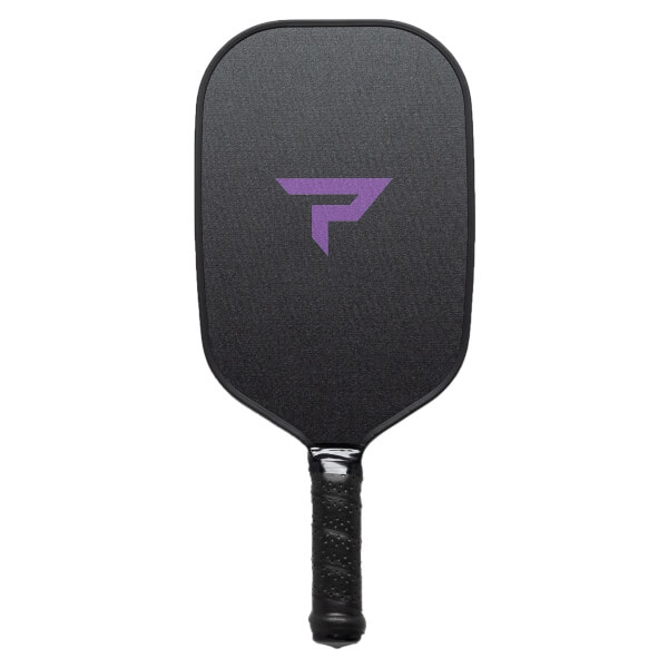 Front view of a black pickleball paddle with a purple P logo and textured grip.