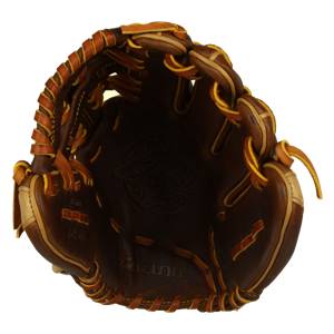Top-down view of a brown baseball glove with tan accents and visible Mizuno branding.
