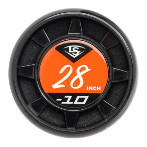End view of a black baseball bat with orange and white LS logo, 28 INCH, and -10 markings.