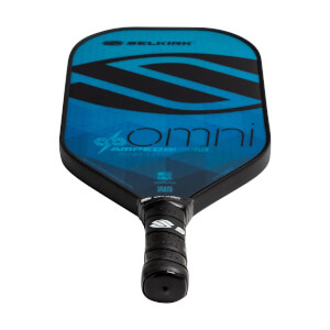 Top-down view of a blue Selkirk Amped Omni pickleball paddle with black S-shaped graphics and a textured grip.