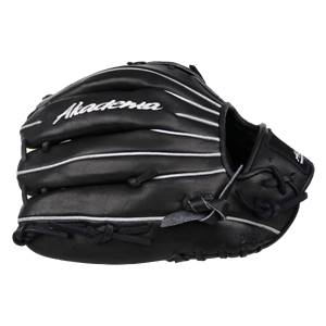 Side view of a black baseball glove with white stitching and Akadema logo.