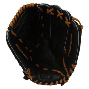 Inside view of a black baseball glove with orange lacing and a textured palm.