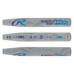 Three-panel view of a grey fastpitch softball bat with blue/purple Rawlings R logo, MANTRA REVERSE text, and certification stamps.