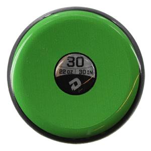 End view of a green baseball bat with a black rim, showing 30, 22 OZ, 30 IN, and a DeMarini logo.