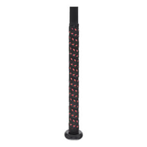 Close-up of a black softball bat grip with red accents and a black end cap.