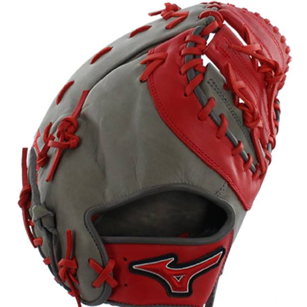 Side view of a smoke and red baseball glove with red lacing and a Mizuno logo.