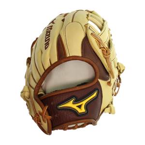 Side view of a tan baseball glove with brown accents and a yellow Mizuno logo.