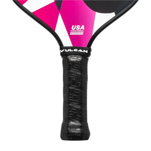 Close-up of a black pickleball paddle grip with a textured pattern and the Vulcan logo.