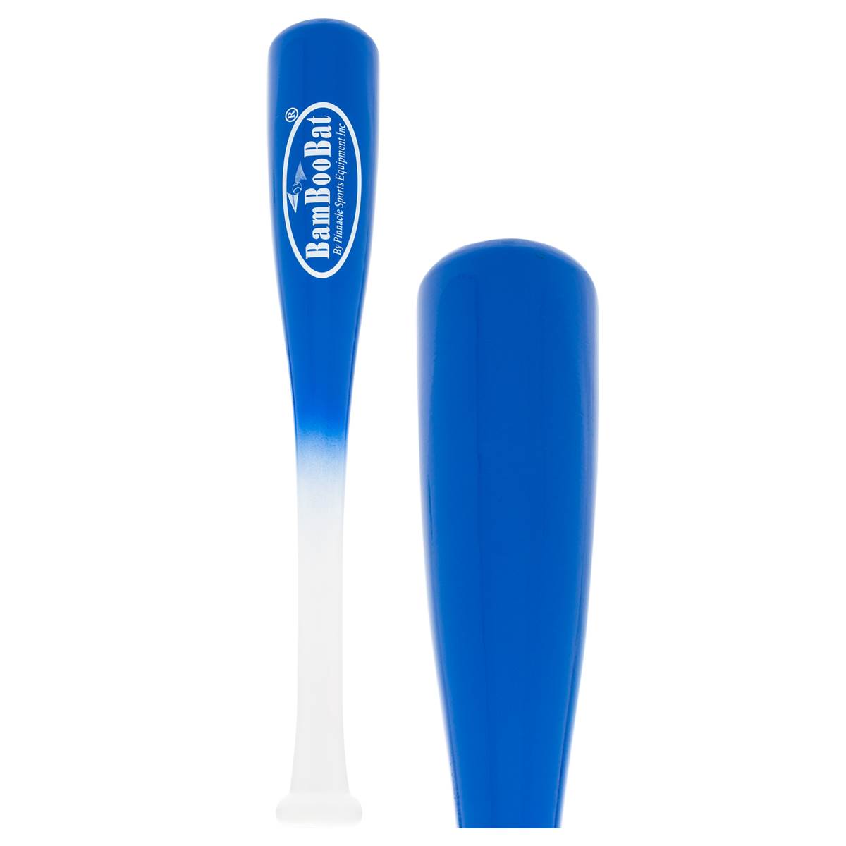 Front view of a blue and white BamBooBat training bat with blue text.