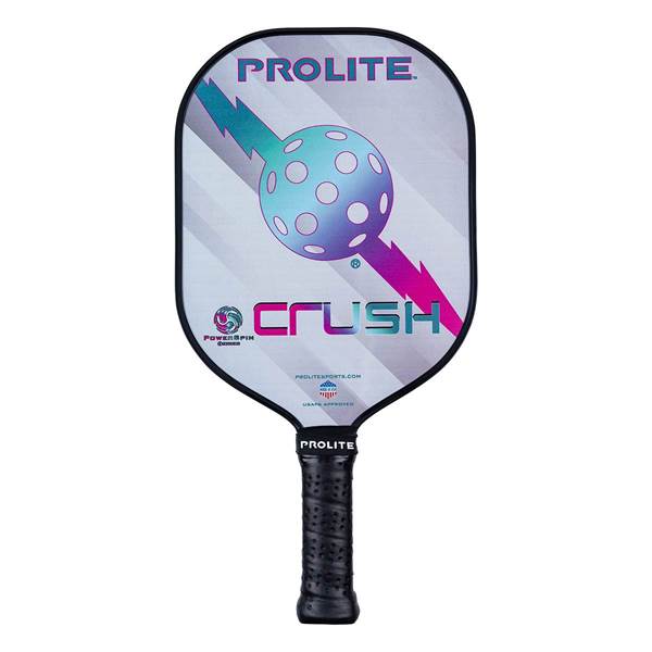 Front view of a white pickleball paddle with a colorful lightning bolt, pickleball graphic, and CRUSH text.
