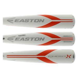 Side view of a white baseball bat with orange accents, EASTON logo, and GHOST X branding.