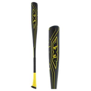 Side view of a black baseball bat with yellow AXE branding and a yellow grip.