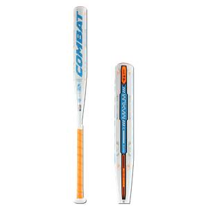 Side view of a white fastpitch softball bat with orange grip and blue COMBAT text.
