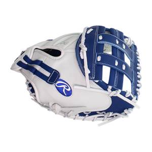 Side view of a white and blue catchers mitt with a Rawlings logo and webbed finger stalls.