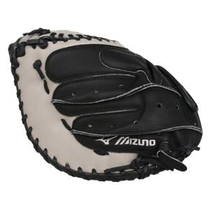 Front view of a black and tan catchers mitt with white stitching and Mizuno logo.