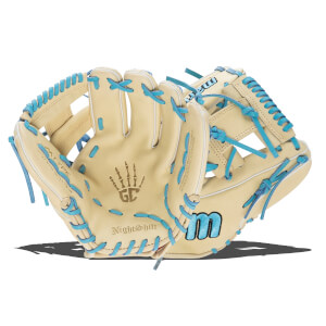 Front view of a tan baseball glove with blue stitching, a skeleton hand logo, and NightShift text.