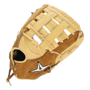 Top-down view of a brown and tan softball glove with a white star logo and tan lacing.