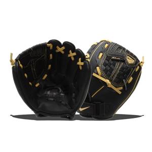 Front view of a black baseball glove with gold stitching and a Nike swoosh.