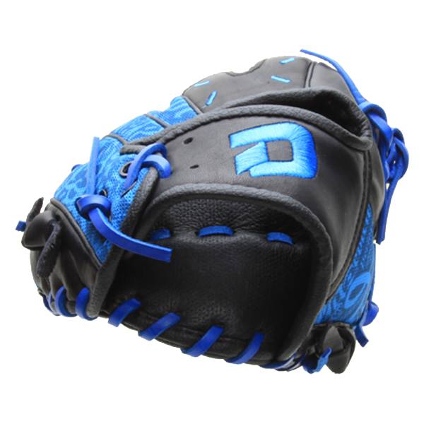 Side view of a black baseball glove with blue accents and a blue D logo.