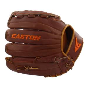 Front view of a brown baseball glove with orange stitching and EASTON logo.