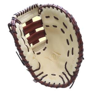 Top-down view of a tan first base mitt with brown lacing and a diamond logo.