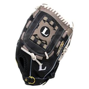 Top-down view of a black Louisville Slugger Helix Series glove with a large L logo and HX1200 text.