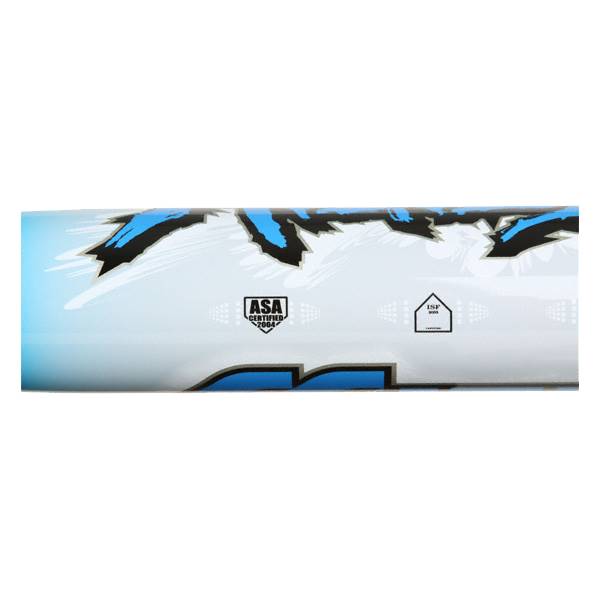 Side view of a white fastpitch softball bat with blue and black graphics, ASA Certified 2004 logo, and ISP 2004 logo.