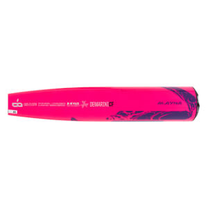 Side view of a pink DeMarini CF baseball bat with purple graphics and ALAYNA text.
