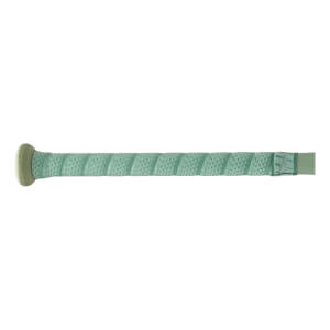 Horizontal view of a light green bat handle featuring textured grip tape with a triangular pattern and the words FLOW-TACK and EASTON visible on the surface.