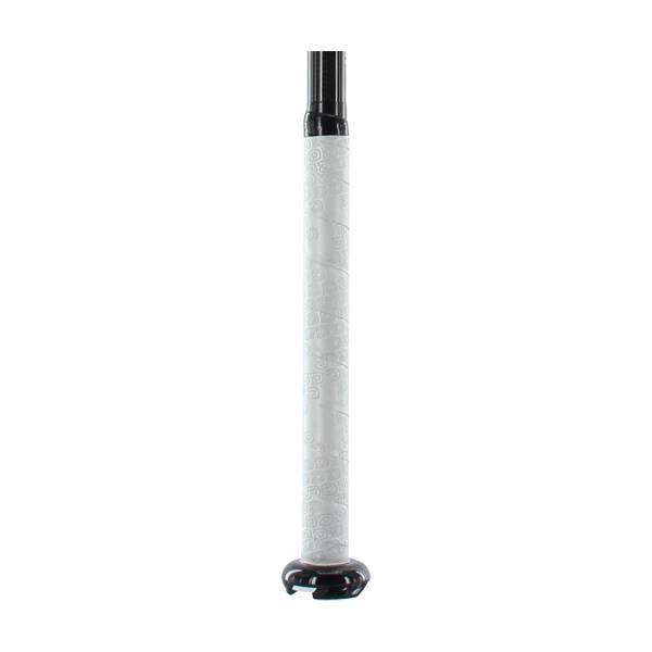 Close-up of a white softball bat grip with a black end cap and textured pattern.