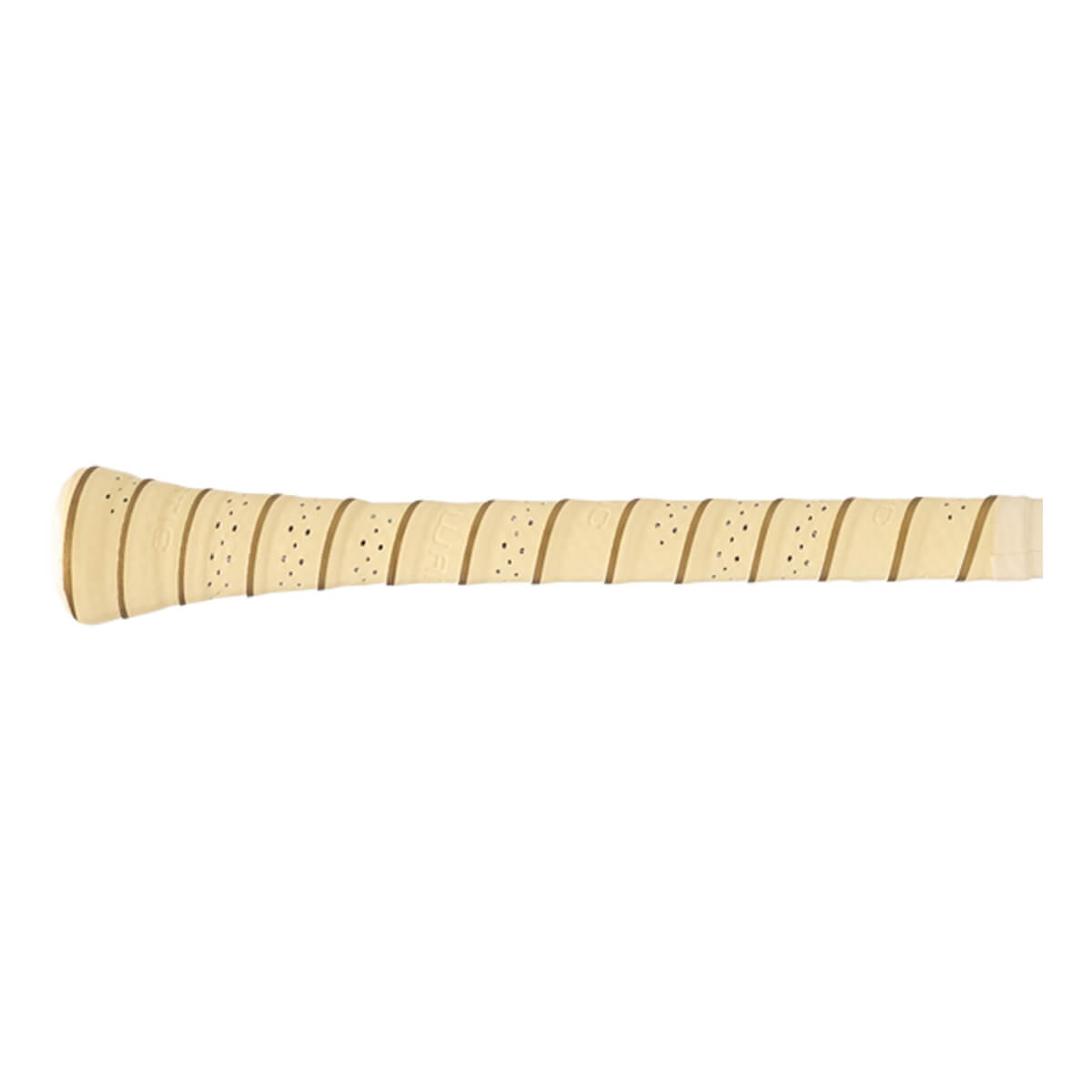 Close-up of a light tan baseball bat grip with perforated texture and diagonal brown stripes.