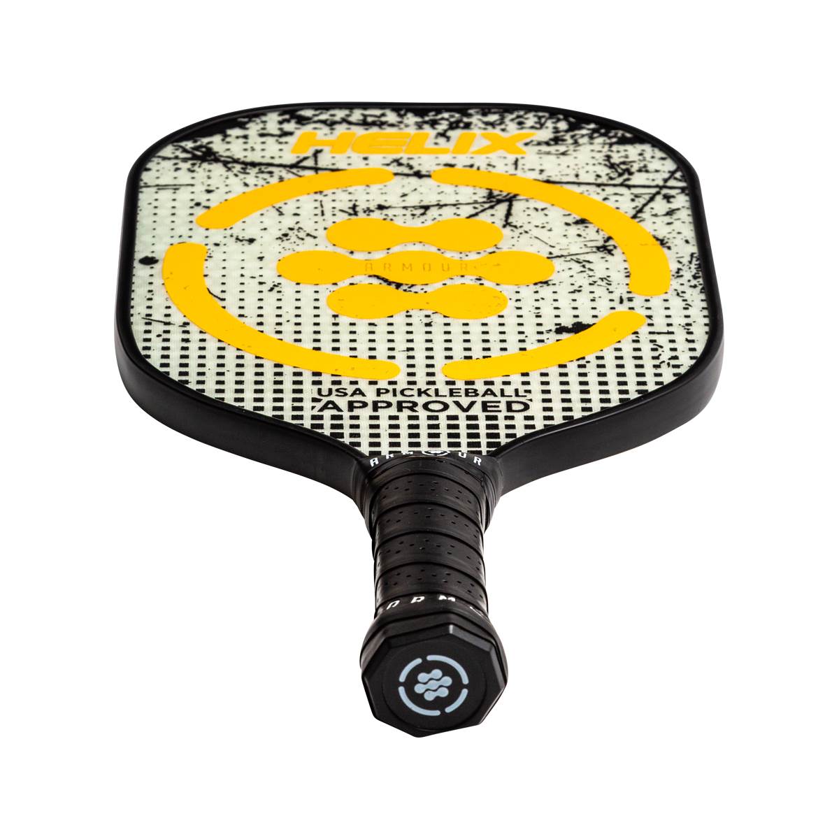 Top-down view of a black pickleball paddle with yellow target design and USA PICKLEBALL APPROVED text.