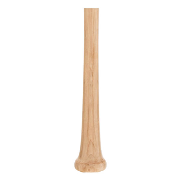 Close-up of a natural wood baseball bat with a flared knob and smooth finish.