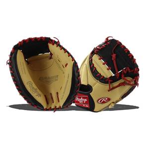 Top-down view of tan and black Rawlings Gamer catchers mitt with red lacing and GAMER text.