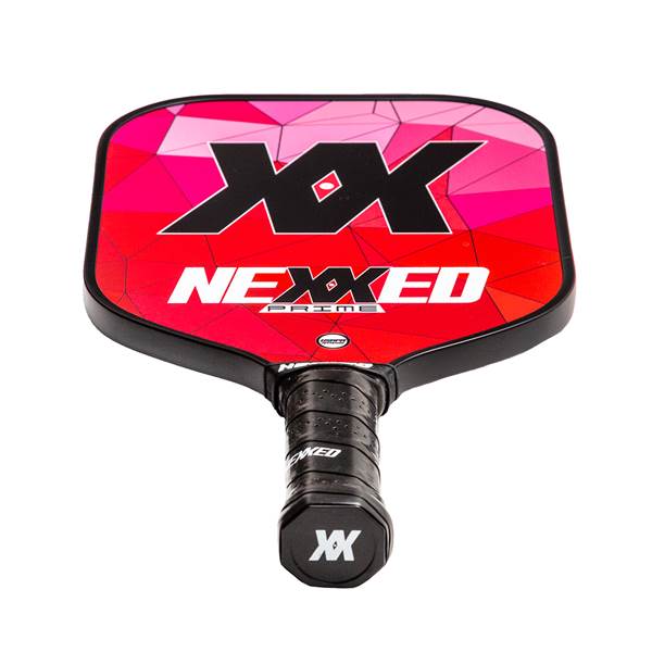Front view of a red pickleball paddle with a geometric pattern, NEXXED text, and a black grip.