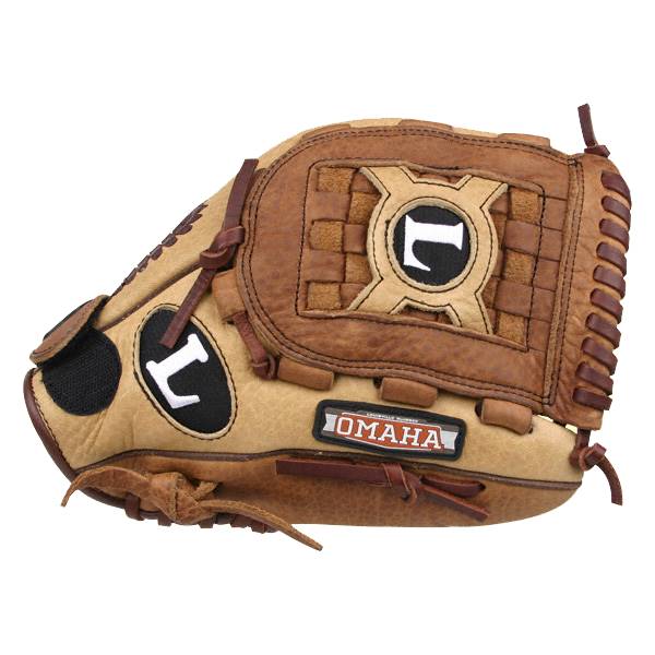 Side view of a tan and brown baseball glove with L logos and OMAHA text.