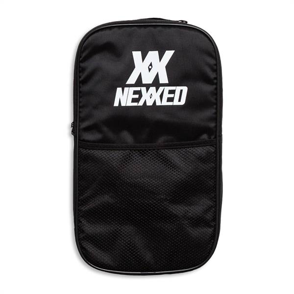 Front view of a black paddle bag with white Nexxed logo and a mesh pocket.