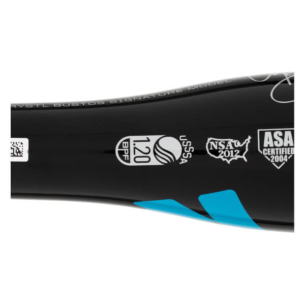 Close-up of a black fastpitch softball bat with 1.20 BPF, USSSA, NSA 2012, and ASA CERTIFIED 2004 logos.