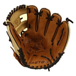 Top-down view of a tan baseball glove with black lacing, NATURAL ELITE logo, and EASTON text.