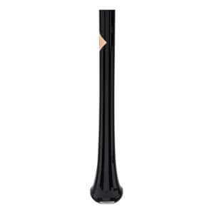 Close-up of a black baseball bat with a glossy finish, a flared knob, and a small light brown diamond detail.