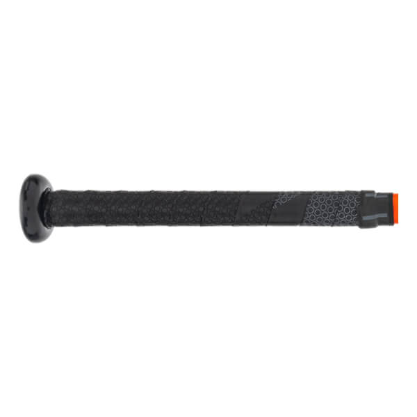 Side view of a black baseball bat with a textured grip and orange end cap.