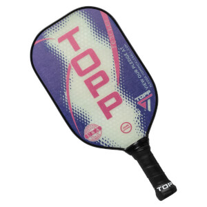 Top-down view of a white pickleball paddle with pink TOPP text, purple abstract design, and black grip.