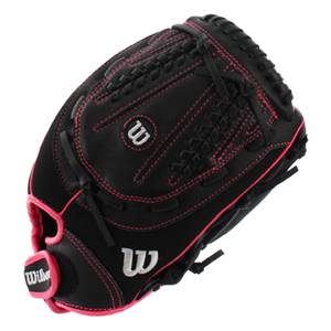 Top-down view of a black fastpitch glove with pink stitching and a white Wilson logo.