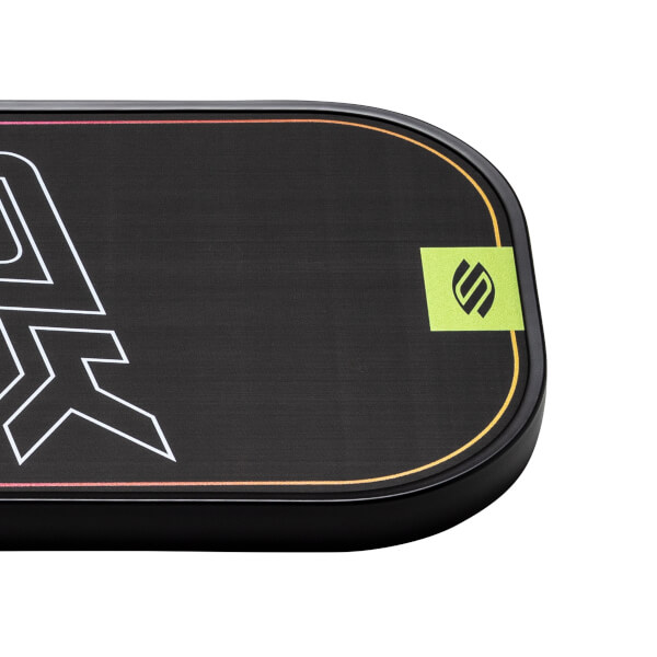 Corner view of a black pickleball paddle with white graphic and green SLK logo.