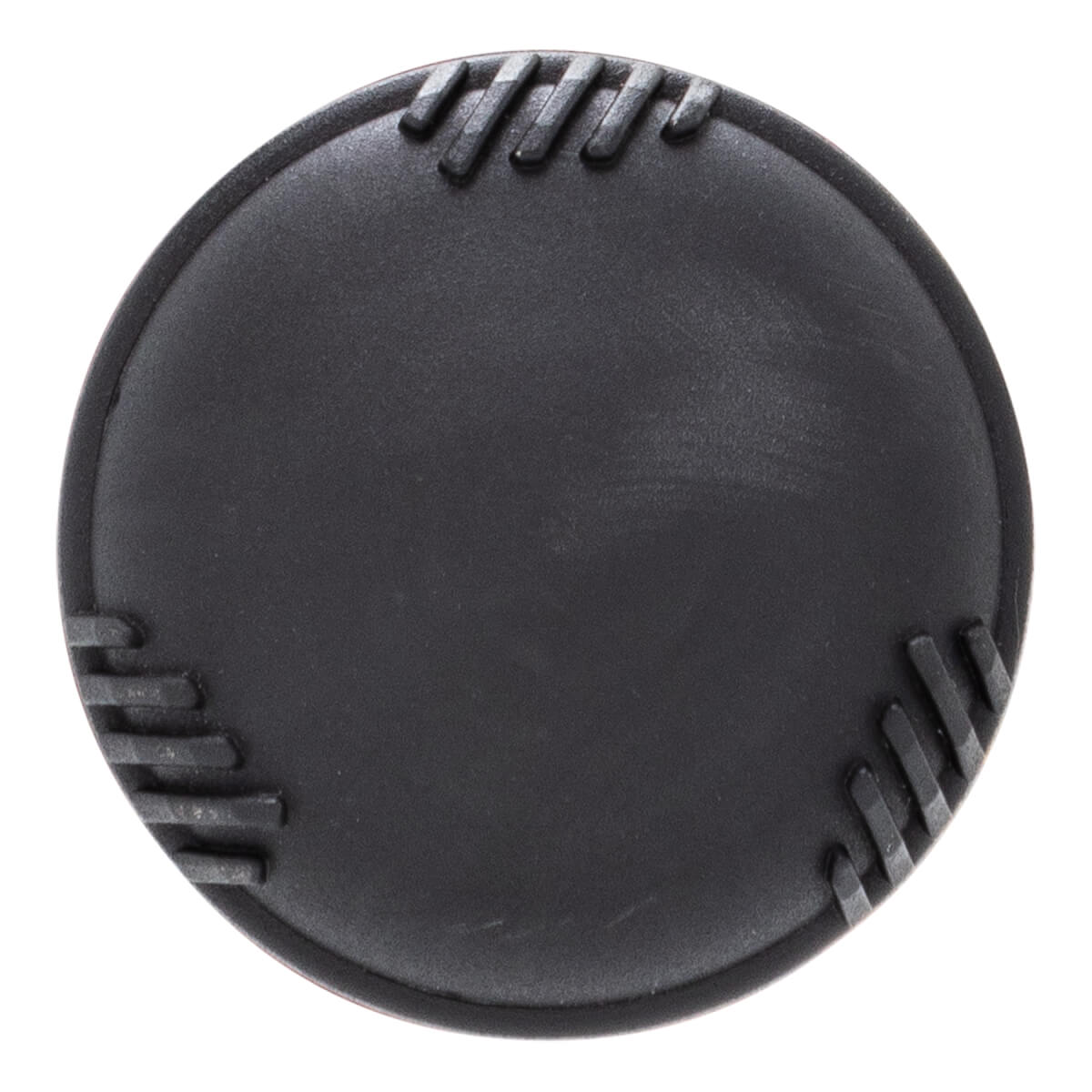 Top-down view of a black baseball bat end cap with textured grip lines.