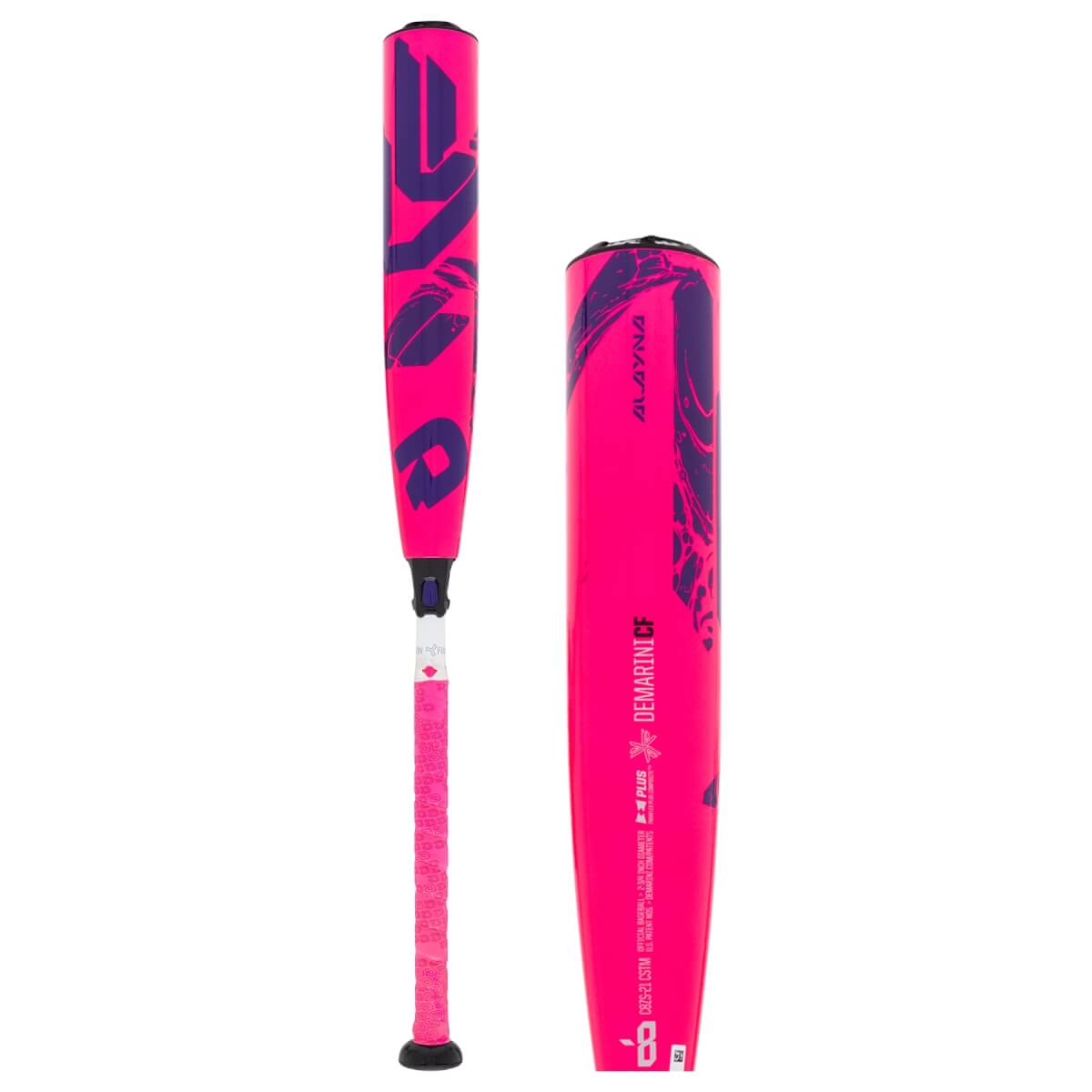 Front view of a pink baseball bat with purple graphics and a pink grip.