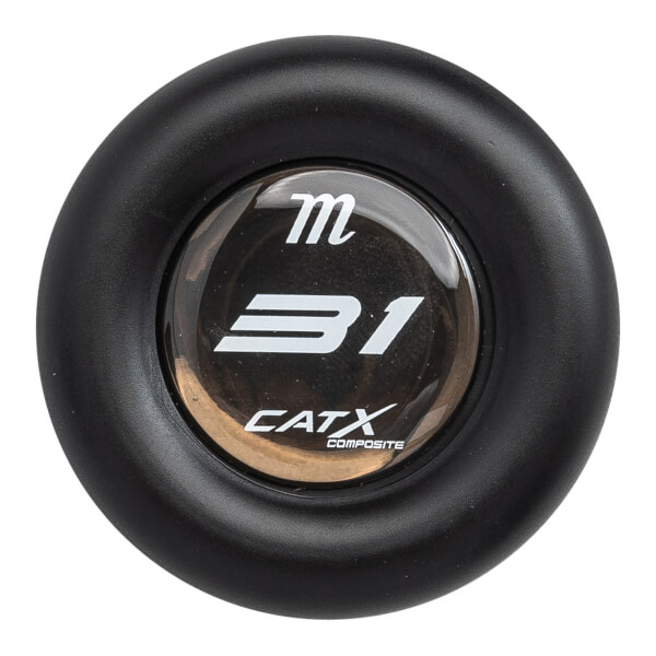 End cap view of a black baseball bat with white m, 31, CATX, and COMPOSITE text.
